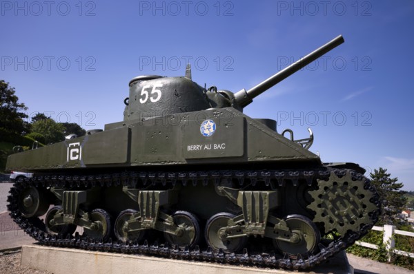 US-American Sherman tank Berry au Bac, emblem of the French liberation army, standing on the former