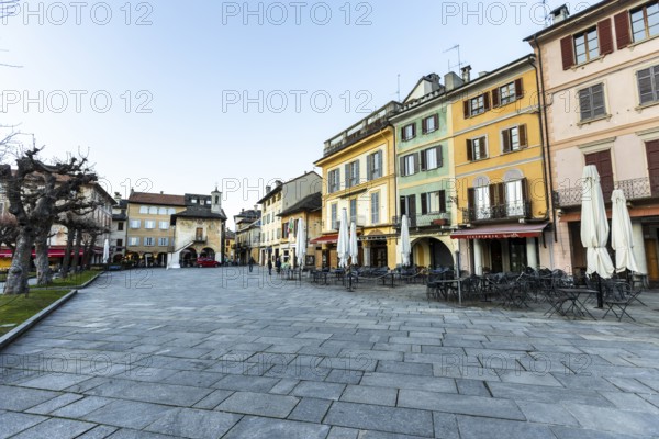 Market square with cafes in Orta San Giulio, Orta San Giulio, on Lake Orta, Province of Novara,