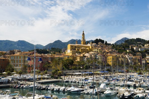 Town with colourful houses by the sea, Menton, Alpes Maritimes, Provence Alpes Cote d'Azur, French