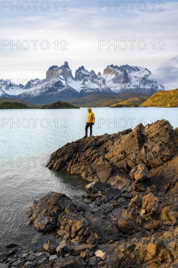 Young man on the shore of the blue lake Lago Pehoe in the evening light, Cuernos del Paine mountain