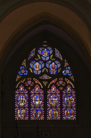 Interior view, stained glass window, coloured church windows, Cathédrale Notre-Dame de Bayeux,