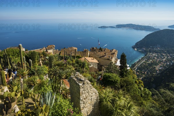 Picturesque mountain village overlooking the sea, Jardin Exotique, Èze, Cote d'Azur,