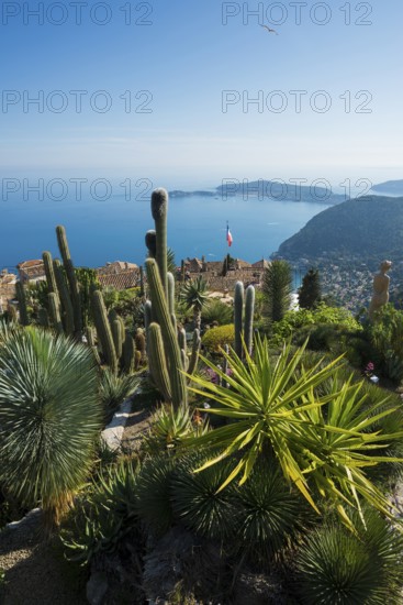 Picturesque mountain village overlooking the sea, Jardin Exotique, Èze, Cote d'Azur,