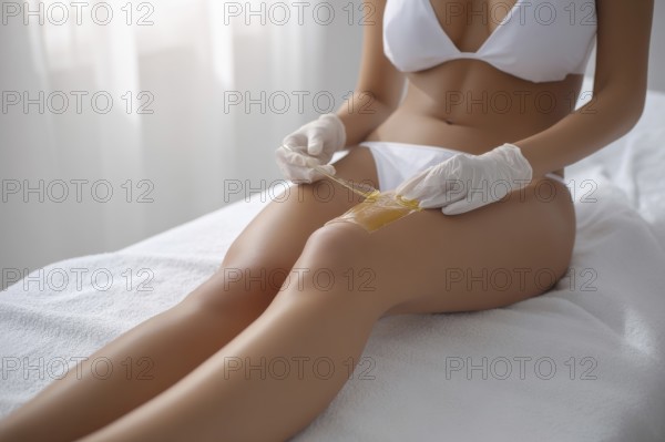 Bikini waxing of a beautiful young attractive woman in a spa. Luxury treatment for perfect skin and