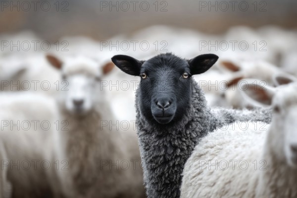 Black sheep sticking among white sheep. Black sheep in the family. Concept of a different person or