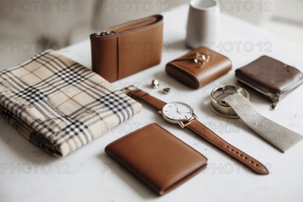 Beige and Brown Leather Accessories Flatlay. Modern business and lifestyle fashion accessories.