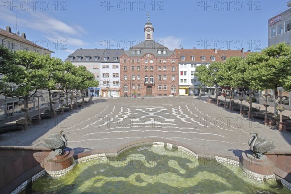 Old town hall built in 1771 and castle fountain by Gernot Rumpf 1984 with two swan figures, bronze
