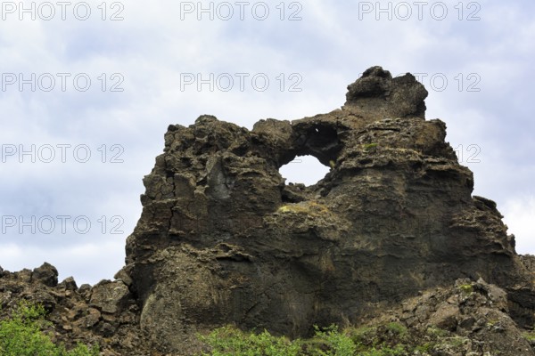 Dimmuborgir, bizarrely shaped rock formation, rock arch in the lava field, Krafla volcano system,