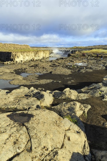 River Jökulsa a Fjöllum flows through canyon, Selfoss waterfall on the horizon, evening sun, North