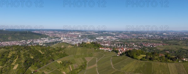 Panoramic view over extensive vineyards with a town and industry in the background, view of