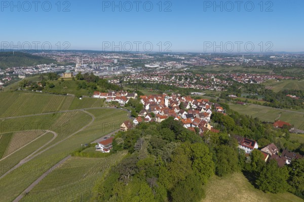 View of a city with surrounding nature and vineyards under a blue sky, view of Rotenberg near