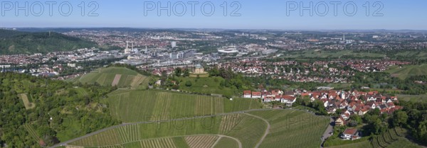 Panoramic view of a town with surrounding vineyards and a clear sky, view of Rotenberg near