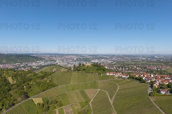 Landscape with vineyards and city with clear sky and wide view, view of Rotenberg near Stuttgart