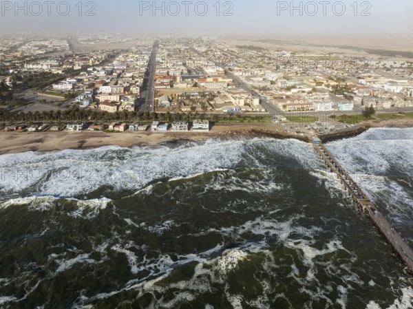 The coastal town of Swakopmund between Namib Desert and Atlantic Ocean. Aerial view. Namibia