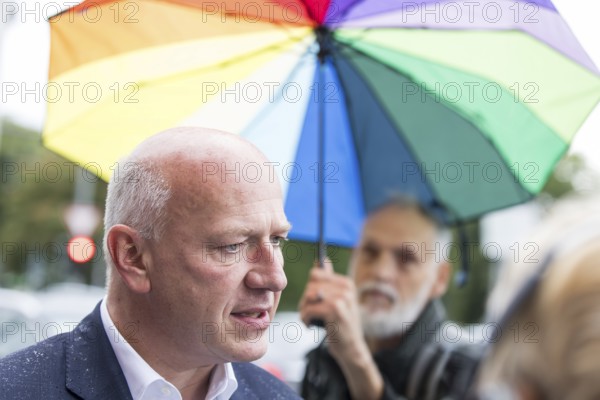 Kai Wegner (Governing Mayor of Berlin) gives interviews after raising the rainbow flag for Pride