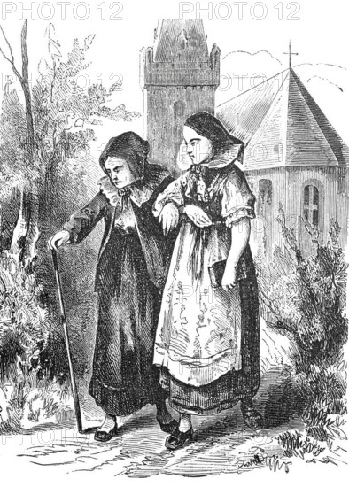 The cane and its use as a support in old age, 1888, Historical, digitally enhanced reproduction of