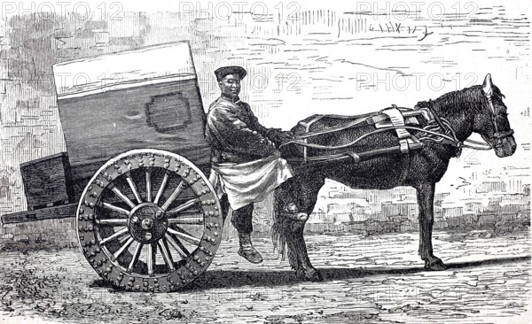 Horse-drawn cart of a Chinese farmer, digitally enhanced reproduction of a 19th century model,