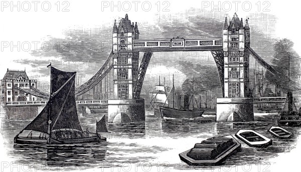 The Tower Bridge over the Thames in London, around 1850, England, digitally enhanced reproduction