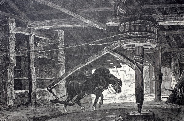 Mining horse turning the gin in a mining operation, digitally enhanced reproduction of a 19th