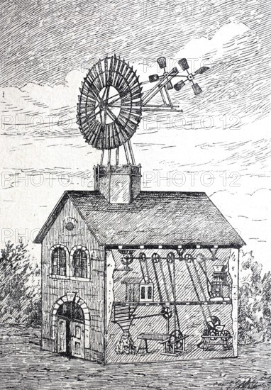 Wind motor for agricultural purposes, millstone, mill, around 1890, digitally improved reproduction