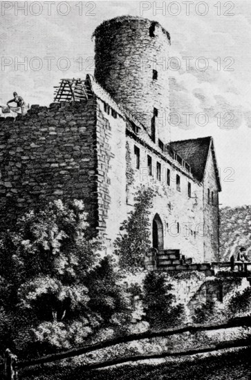 Thann Castle in the Middle Ages, also Burgthann, ruins of a Spornburg on a mountain spur above the