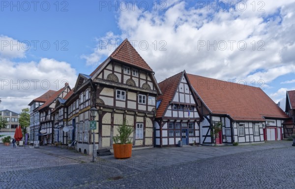 Half-timbered houses on the market square in the historic old town of Nienburg an der Weser.