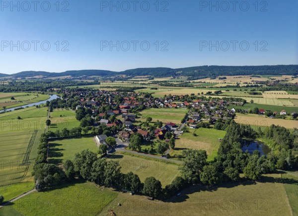 Landscape around the Weser lowlands near Großenwieden, aerial view. Hessisch Oldendorf, Lower