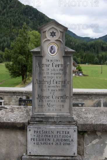 Gravestone with inscription and oval photo portrait in front of forest, Zgornje Jezersko,