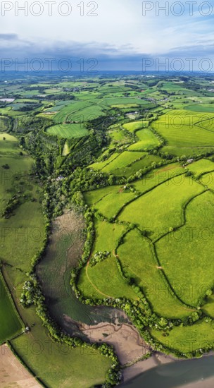 Panorama of Farms and Fields over River Dart from a drone, Stoke Gabriel, Totnes, Devon, England,
