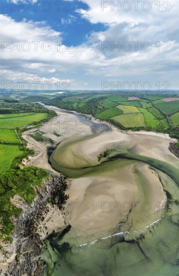 Panorama of Farms and fields over River Emme from a drone, Mothecombe, South Devon, England, United