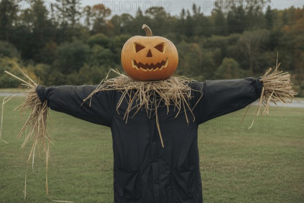 Scarecrow with pumpkin head with carved Halloween face and black jacket. Generative ai, AI