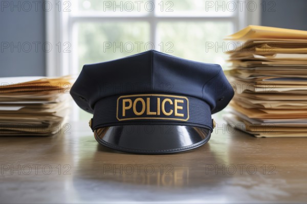 Police hat on wooden desk in modern office. Symbol of law enforcement, authority, and