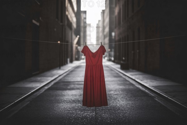 Red dress suspended in empty alley. Visual protest against violence and disappearance of women.