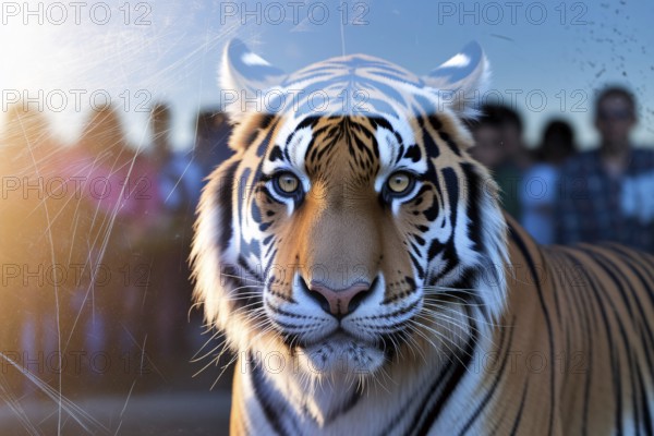 Close-up of a tiger behind scratched glass with reflections of zoo visitors watching. Intense