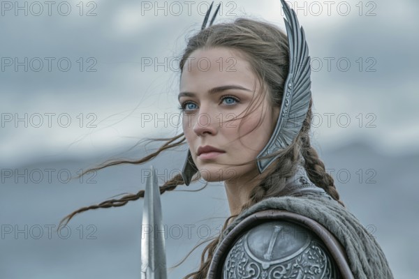 Close-up portrait of fierce valkyrie warrior with feathered helmet under grey sky. Symbol of mythic
