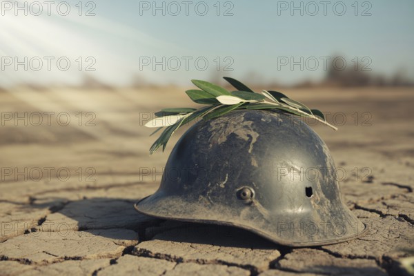 Military helmet with olive branch on cracked earth. Symbolic image of peace emerging from the scars
