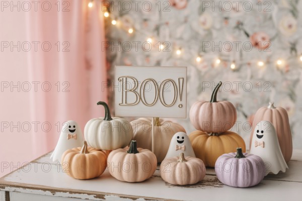 Pastel Halloween decoration with cute ghosts and decorative pumpkins. Whimsical and modern feminine