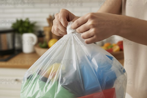 Close up of person tying up a garbage bag in a home kitchen as part of daily waste disposal.