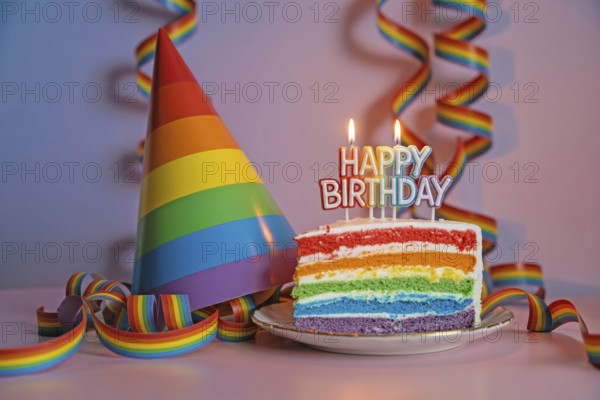 Rainbow party cake slice with matching rainbow hat and festive streamers. Generative ai, AI