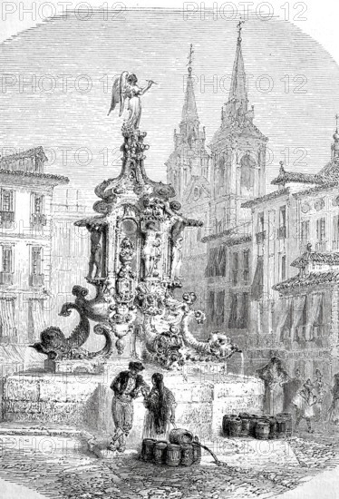 Fountain on Antonio Martin Square in Madrid in 1880, Spain, digitally enhanced reproduction from a