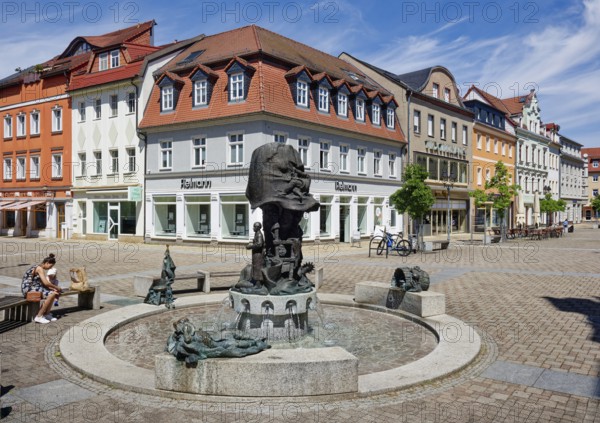 Boot fountain by sculptor Vinzenz Wanitschke at Döbeln's Niedermarkt, Old Town, Döbeln, Saxony,