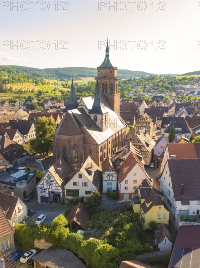 Large church building surrounded by traditional half-timbered houses in a rural setting, 950th