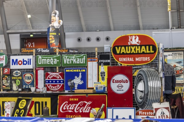 Historic enamel signs, collection of Vauxhall, Coca-Cola, Esso, Michelin and other brands from the