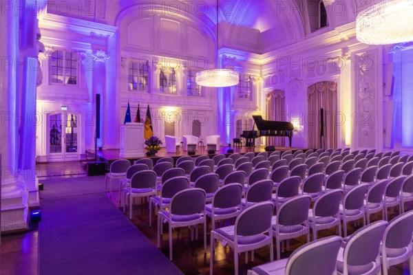 New Palace, White Hall. Interior view of the historic ballroom with festive lighting and rows of