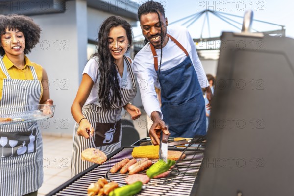 Happy friends enjoying a rooftop barbecue party, grilling delicious food, sipping drinks, and