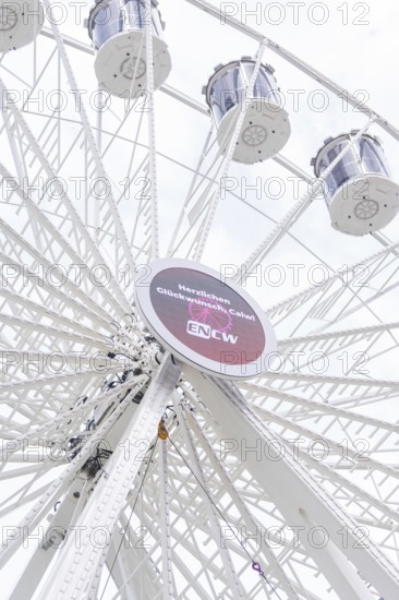 Close-up of a Ferris wheel with detailed construction and gondolas, Ferris wheel construction,