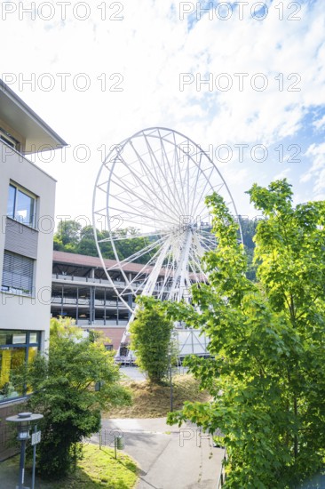 A building and trees in the foreground, behind which a Ferris wheel rises, Ferris wheel