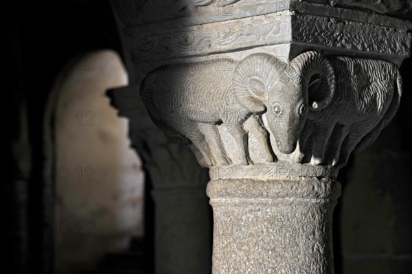 Column capital with ram, relief in stone, underground grove of columns, pagan crypt, 10th century,