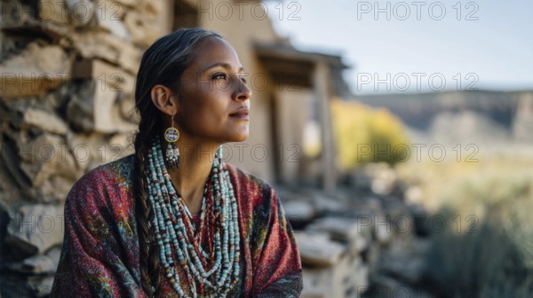 Beautiful and attractive native indigenous north american woman in first nation clothes in