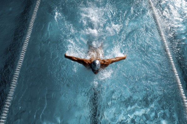 Muscular young swimmer swims in the lane. Concept of having purpose and determination and reaching